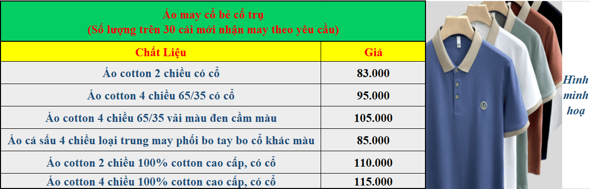 bảng giá áo thun polo đồng phục