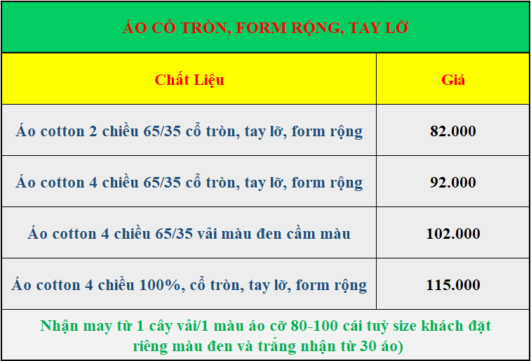 bảng giá áo cổ tròn, form rộng, tay lỡ