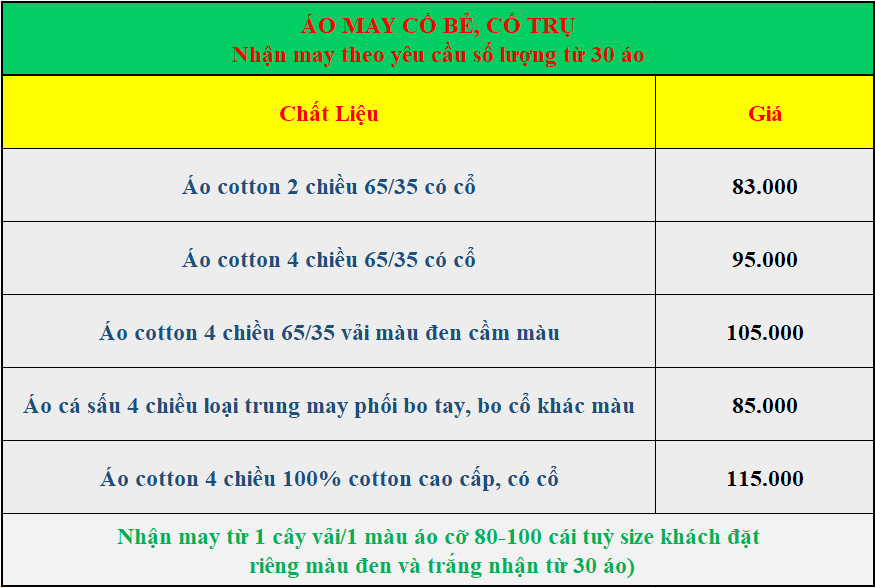 Bảng giá áo may có cổ bẻ