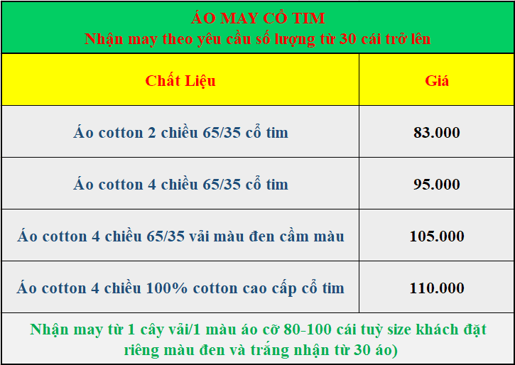 bảng giá áo may cổ tim