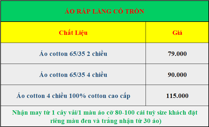 bảng giá may áo ráp lăng cổ tròn